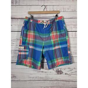 Chap's Men's Plaid Swim Trunks Board Shorts Blue Green Cargo Pocket Drawstring L
